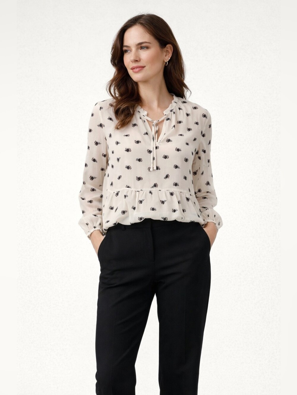 REBECCA TAYLOR Silk Tulip Clip Blouse Cream Black Ruffle Tie Neck Semi-Sheer 10